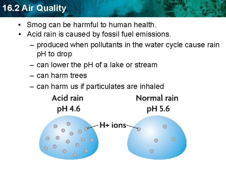 16. 2 Air Quality • Smog can be harmful to human health. • Acid