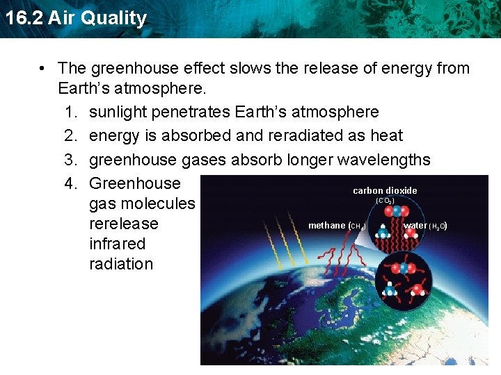 16. 2 Air Quality • The greenhouse effect slows the release of energy from