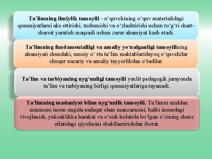 Ta’limning ilmiylik tamoyili - o‘quvchining o‘quv materialidagi qonuniyatlarni aks ettirishi, tushunishi va o‘zlashtirishi uchun