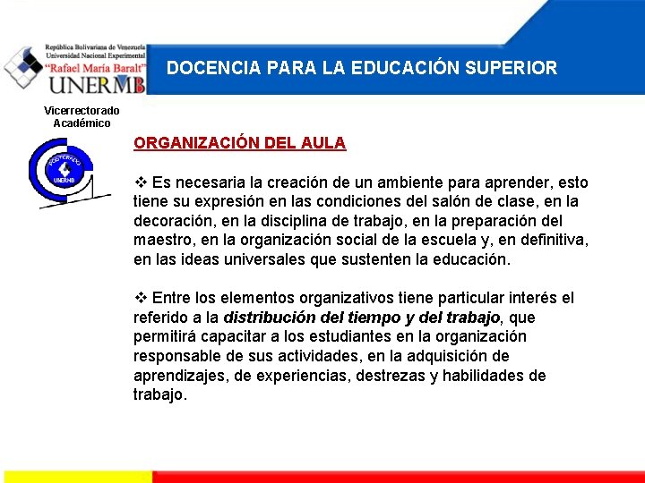 DOCENCIA PARA LA EDUCACIÓN SUPERIOR Vicerrectorado Académico ORGANIZACIÓN DEL AULA Es necesaria la creación