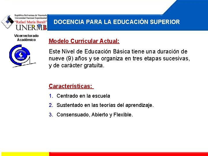 DOCENCIA PARA LA EDUCACIÓN SUPERIOR Vicerrectorado Académico Modelo Curricular Actual: Este Nivel de Educación