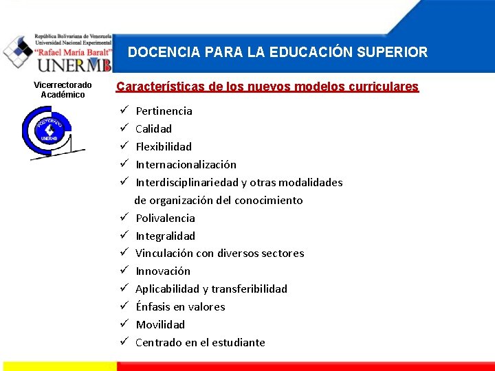 DOCENCIA PARA LA EDUCACIÓN SUPERIOR Vicerrectorado Académico Características de los nuevos modelos curriculares Pertinencia