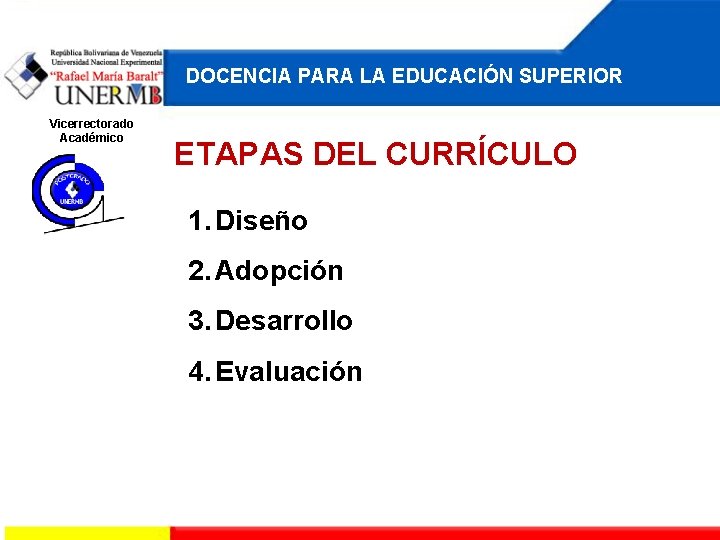 DOCENCIA PARA LA EDUCACIÓN SUPERIOR Vicerrectorado Académico ETAPAS DEL CURRÍCULO 1. Diseño 2. Adopción