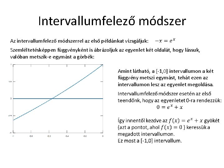 Intervallumfelező módszer Az intervallumfelező módszerrel az első példánkat vizsgáljuk: Szemléltetésképpen függvényként is ábrázoljuk az