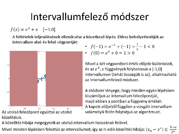 Intervallumfelező módszer A feltételek teljesülésének ellenőrzése a következő lépés. Ehhez behelyettesítjük az intervallum alsó