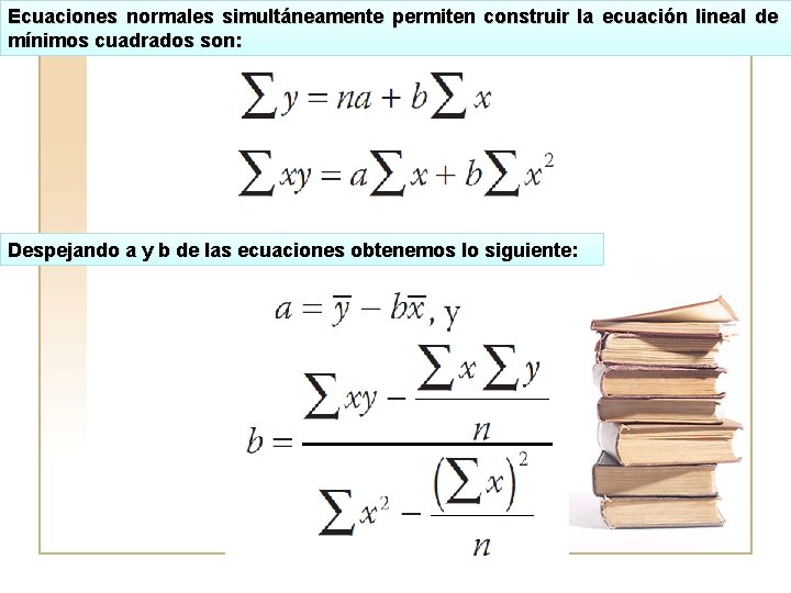 Ecuaciones normales simultáneamente permiten construir la ecuación lineal de mínimos cuadrados son: Despejando a