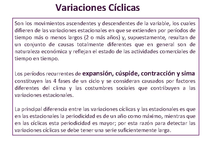 Variaciones Cíclicas Son los movimientos ascendentes y descendentes de la variable, los cuales difieren