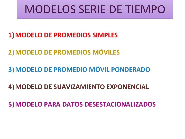 MODELOS SERIE DE TIEMPO 1) MODELO DE PROMEDIOS SIMPLES 2) MODELO DE PROMEDIOS MÓVILES