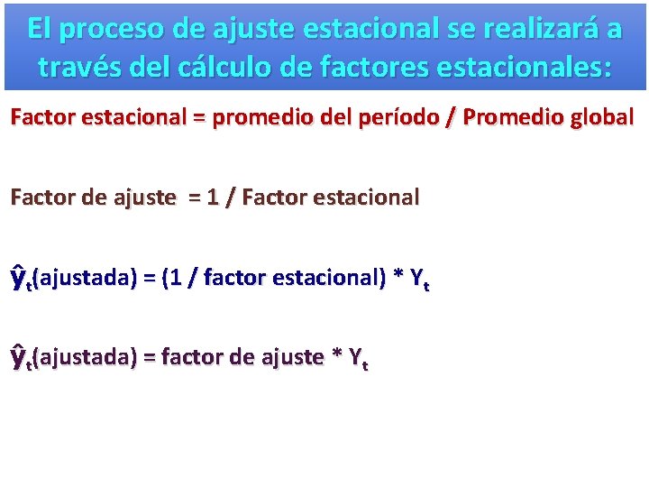 El proceso de ajuste estacional se realizará a través del cálculo de factores estacionales: