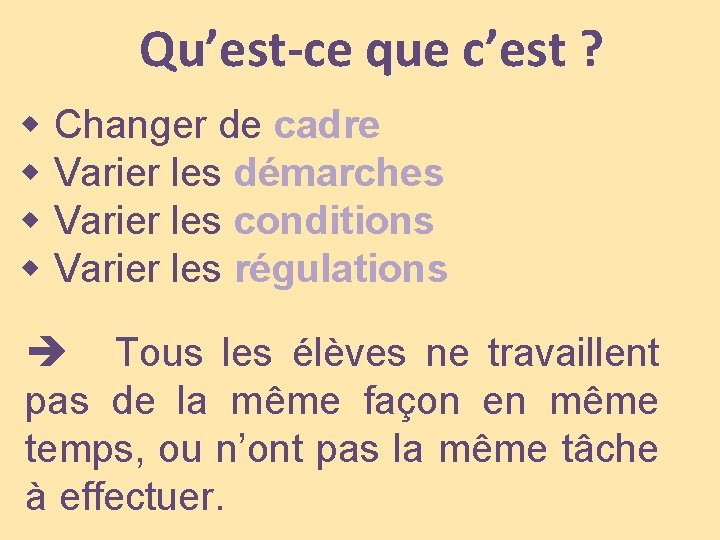 Qu’est-ce que c’est ? Changer de cadre Varier les démarches Varier les conditions Varier