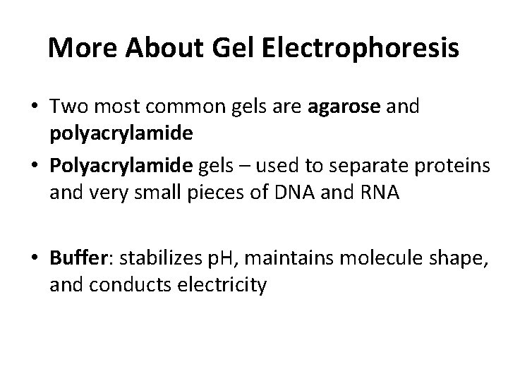 More About Gel Electrophoresis • Two most common gels are agarose and polyacrylamide •