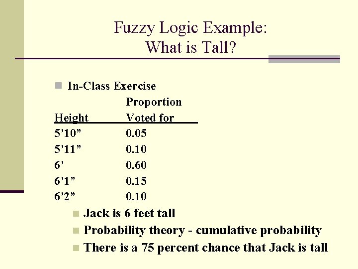 Fuzzy Logic Example: What is Tall? n In-Class Exercise Height 5’ 10” 5’ 11”