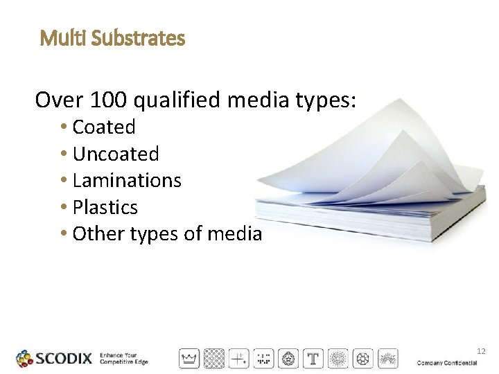 Multi Substrates Over 100 qualified media types: • Coated • Uncoated • Laminations •