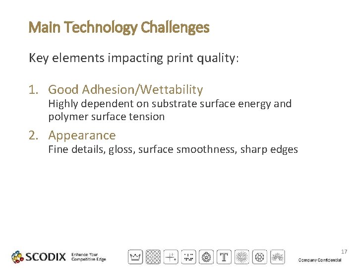 Main Technology Challenges Key elements impacting print quality: 1. Good Adhesion/Wettability Highly dependent on