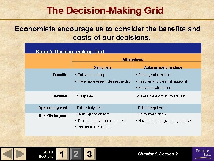 The Decision-Making Grid Economists encourage us to consider the benefits and costs of our