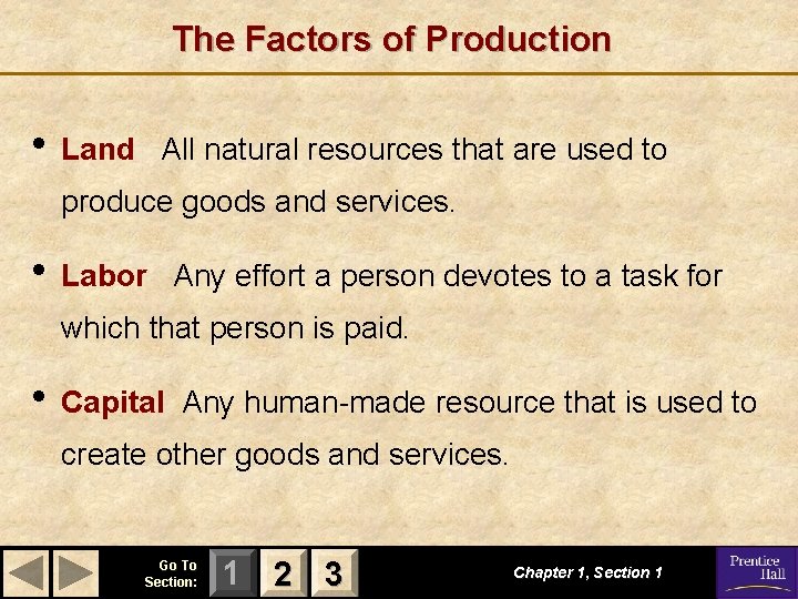 The Factors of Production • Land All natural resources that are used to produce