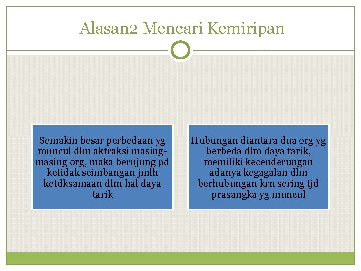 Alasan 2 Mencari Kemiripan Semakin besar perbedaan yg muncul dlm aktraksi masing org, maka