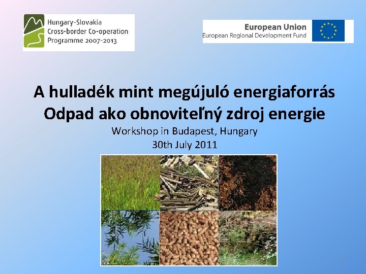 A hulladék mint megújuló energiaforrás Odpad ako obnoviteľný zdroj energie Workshop in Budapest, Hungary