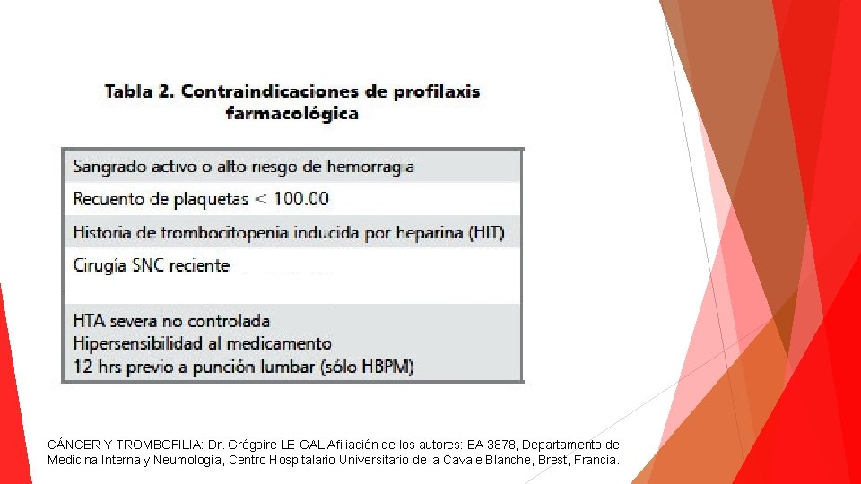 CÁNCER Y TROMBOFILIA: Dr. Grégoire LE GAL Afiliación de los autores: EA 3878, Departamento