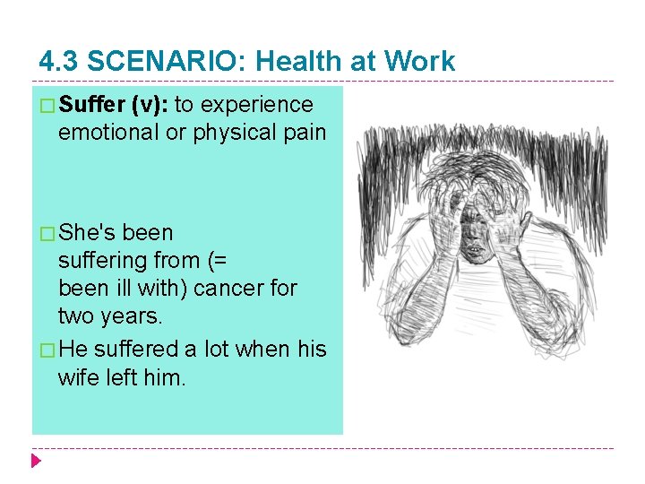 4. 3 SCENARIO: Health at Work � Suffer (v): to experience emotional or physical