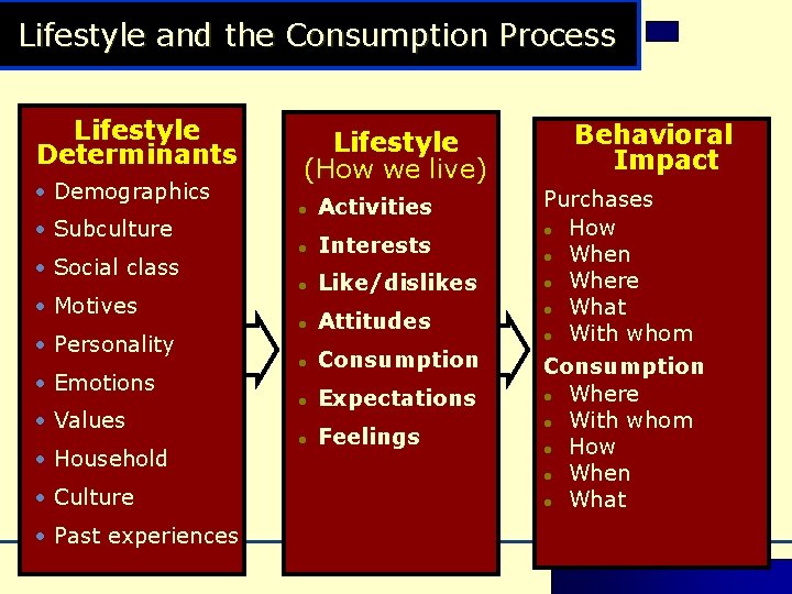 Lifestyle and the Consumption Process Lifestyle Determinants • Demographics • Subculture • Social class Lifestyle and the Consumption Process Lifestyle Determinants • Demographics • Subculture • Social class