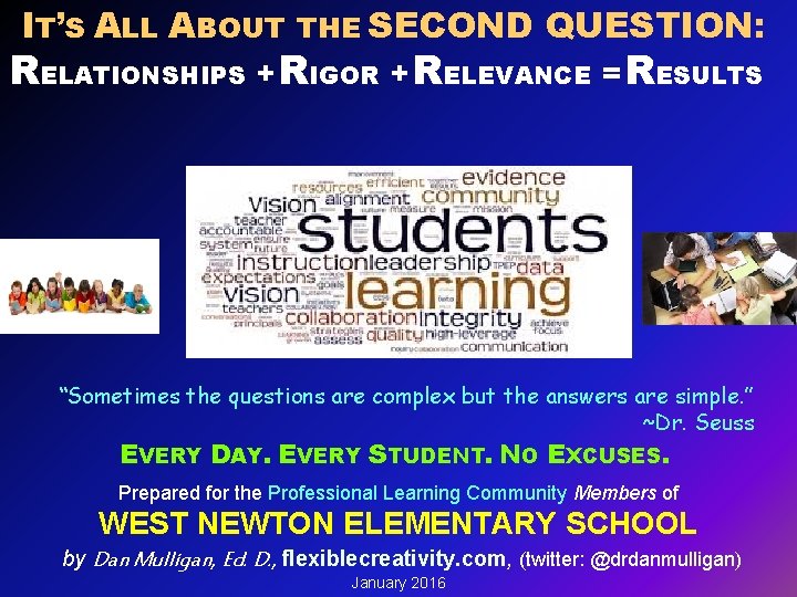 IT’S ALL ABOUT THE SECOND QUESTION: RELATIONSHIPS + RIGOR + RELEVANCE = RESULTS Focus