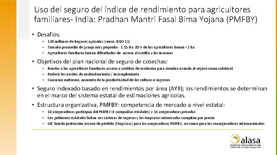 Uso del seguro del índice de rendimiento para agricultores familiares- India: Pradhan Mantri Fasal