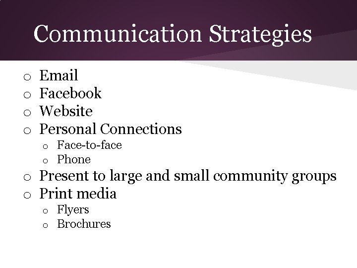 Communication Strategies o o Email Facebook Website Personal Connections o o Face-to-face Phone o