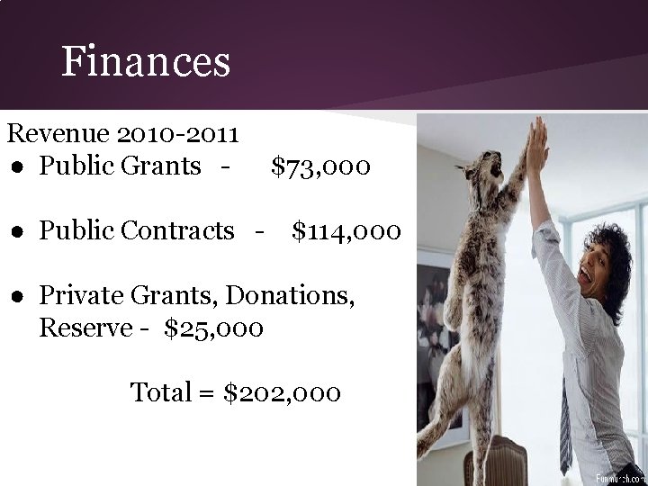 Finances Revenue 2010 -2011 ● Public Grants - $73, 000 ● Public Contracts -