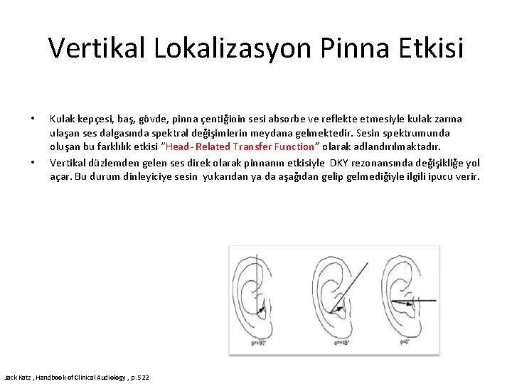 Vertikal Lokalizasyon Pinna Etkisi • • Kulak kepçesi, baş, gövde, pinna çentiğinin sesi absorbe