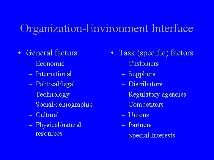 Organization-Environment Interface • General factors – – – – Economic International Political/legal Technology Social/demographic