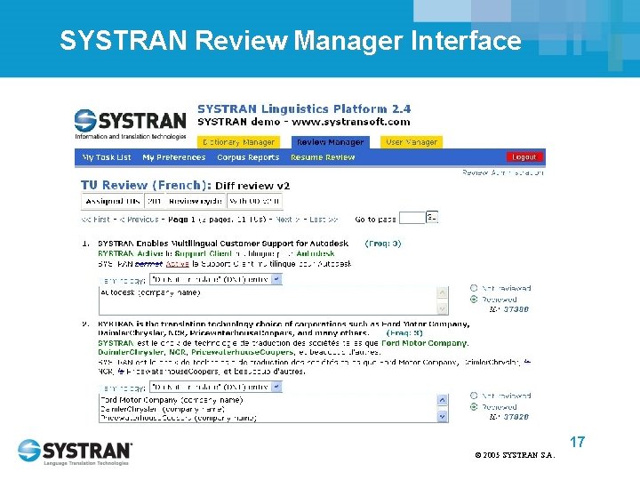 SYSTRAN Review Manager Interface 17 © 2005 SYSTRAN S. A. 