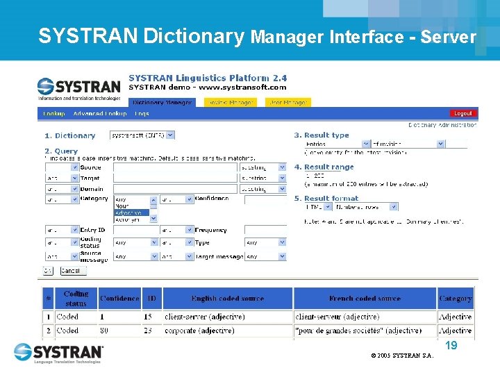 SYSTRAN Dictionary Manager Interface - Server 19 © 2005 SYSTRAN S. A. 