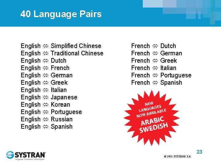 40 Language Pairs English Simplified Chinese English Traditional Chinese English Dutch English French English