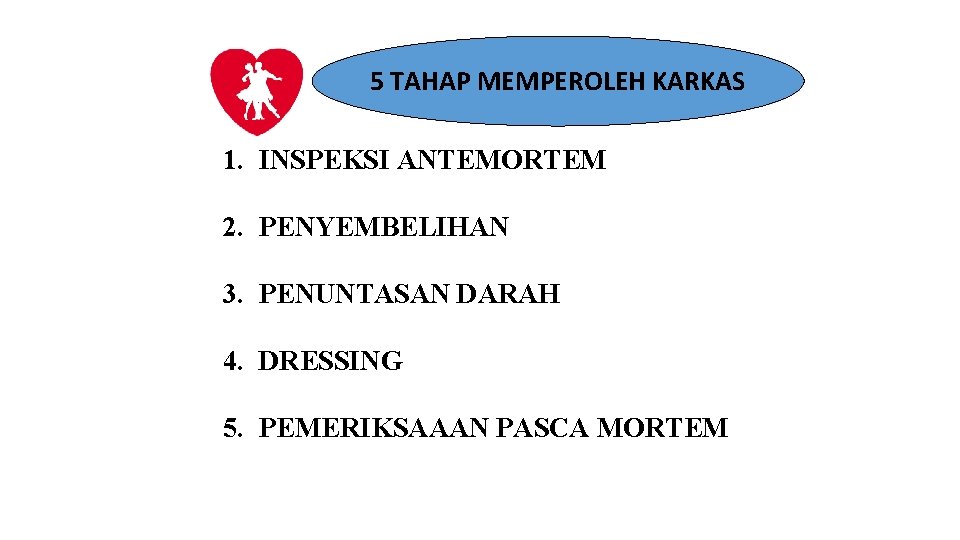 5 TAHAP MEMPEROLEH KARKAS 1. INSPEKSI ANTEMORTEM 2. PENYEMBELIHAN 3. PENUNTASAN DARAH 4. DRESSING