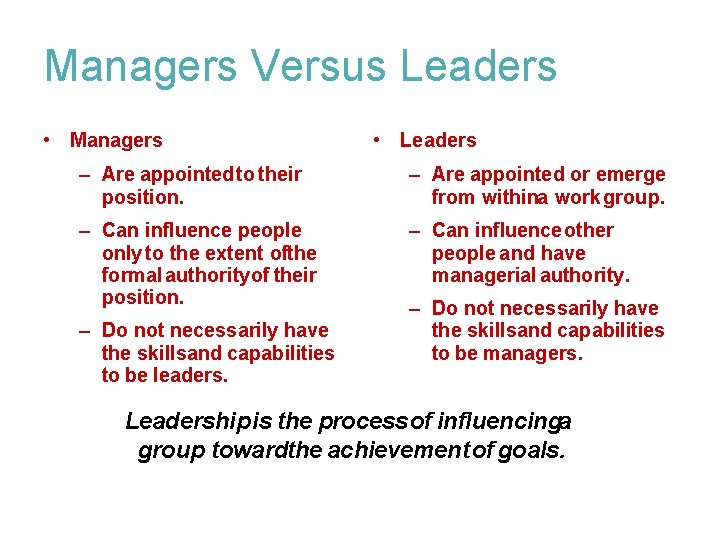 Managers Versus Leaders • Managers • Leaders – Are appointed to their position. –