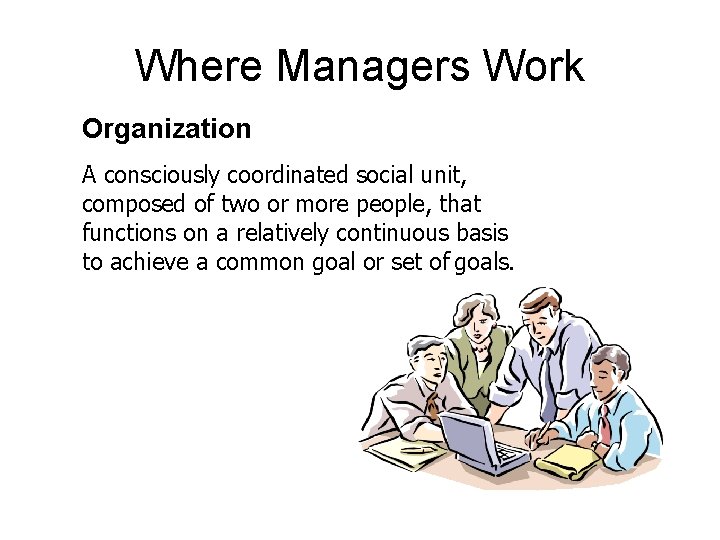 Where Managers Work Organization A consciously coordinated social unit, composed of two or more