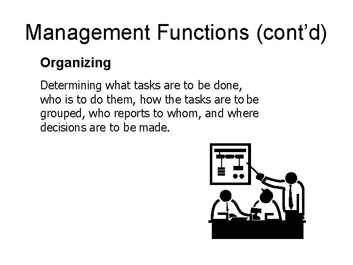 Management Functions (cont’d) Organizing Determining what tasks are to be done, who is to