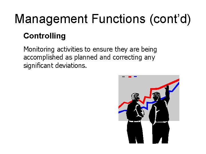 Management Functions (cont’d) Controlling Monitoring activities to ensure they are being accomplished as planned