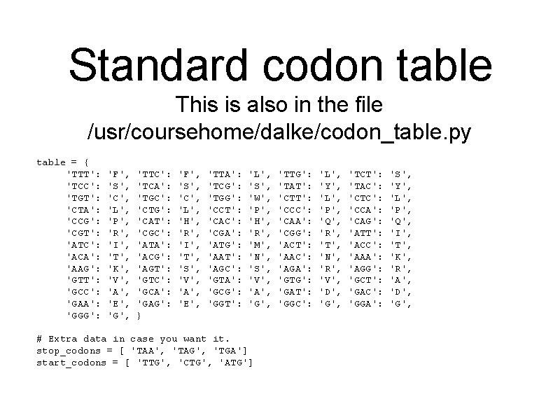 Standard codon table This is also in the file /usr/coursehome/dalke/codon_table. py table = {