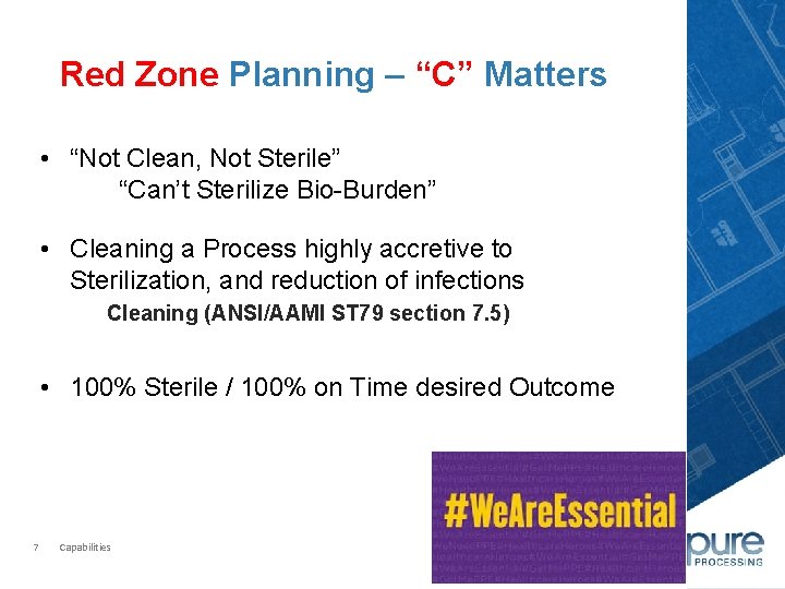 Red Zone Planning – “C” Matters • “Not Clean, Not Sterile” “Can’t Sterilize Bio-Burden”