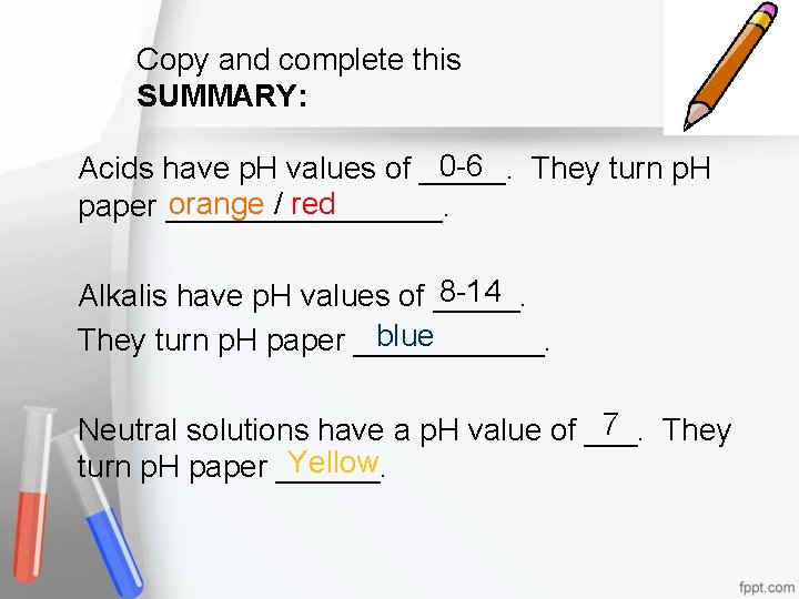 Copy and complete this SUMMARY: 0 -6 Acids have p. H values of _____.