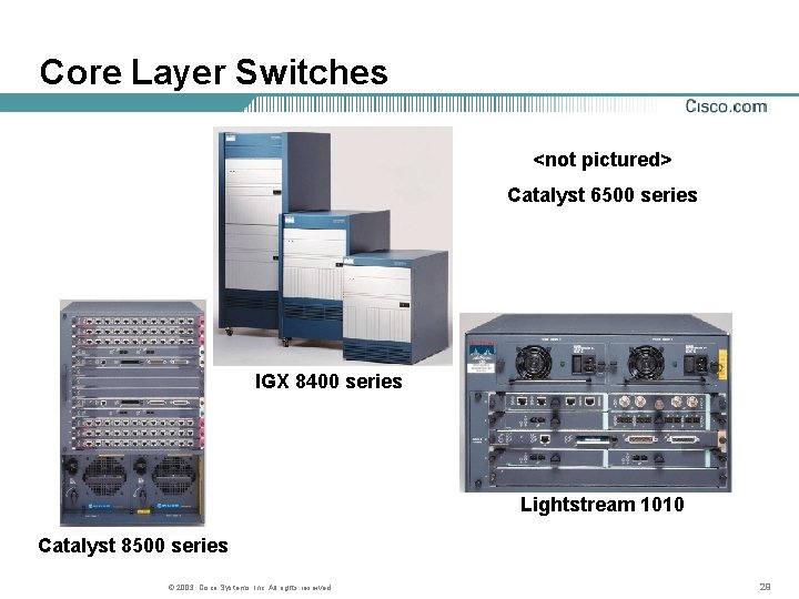 Core Layer Switches <not pictured> Catalyst 6500 series IGX 8400 series Lightstream 1010 Catalyst Core Layer Switches <not pictured> Catalyst 6500 series IGX 8400 series Lightstream 1010 Catalyst