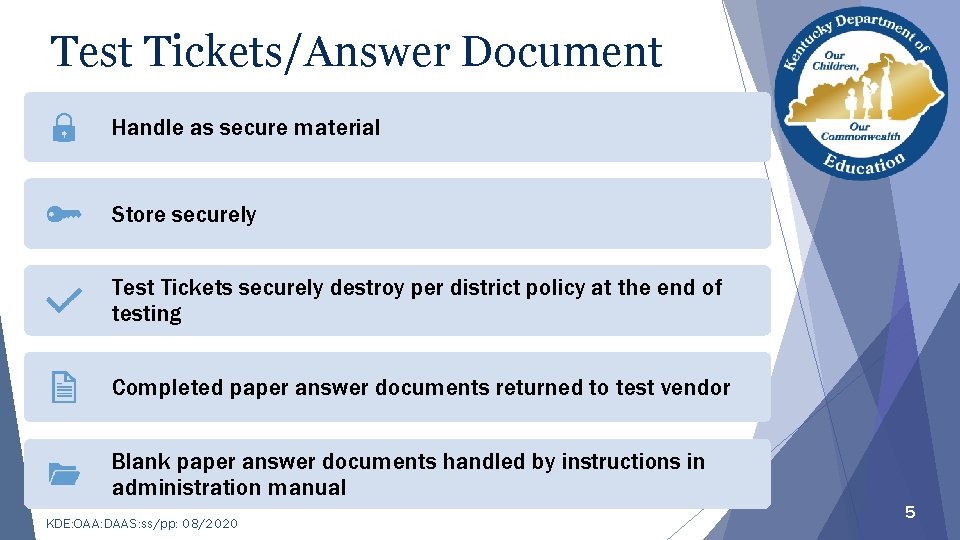 Test Tickets/Answer Document Handle as secure material Store securely Test Tickets securely destroy per