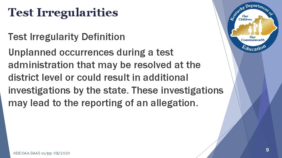 Test Irregularities Test Irregularity Definition Unplanned occurrences during a test administration that may be