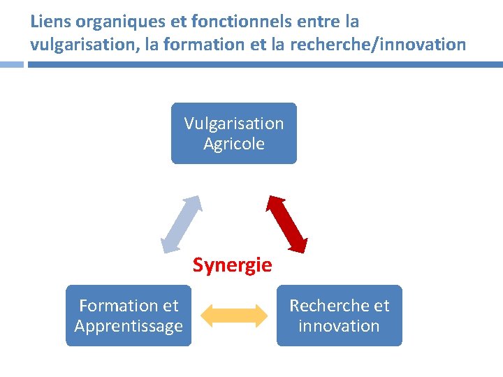 Liens organiques et fonctionnels entre la vulgarisation, la formation et la recherche/innovation Vulgarisation Agricole