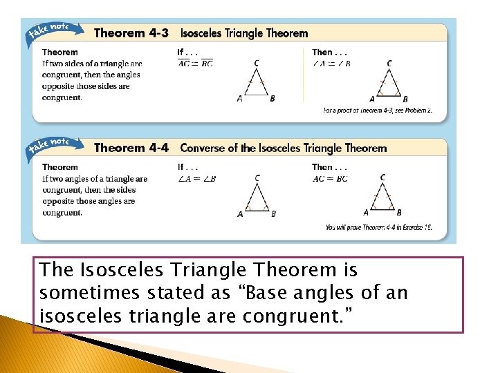 Reading Math The Isosceles Triangle Theorem is sometimes stated as “Base angles of an