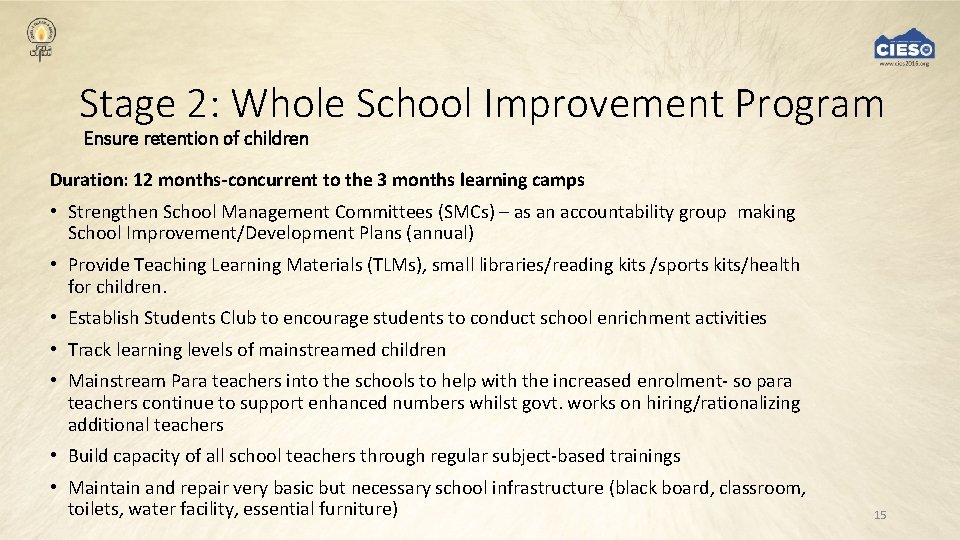 Stage 2: Whole School Improvement Program Ensure retention of children Duration: 12 months-concurrent to