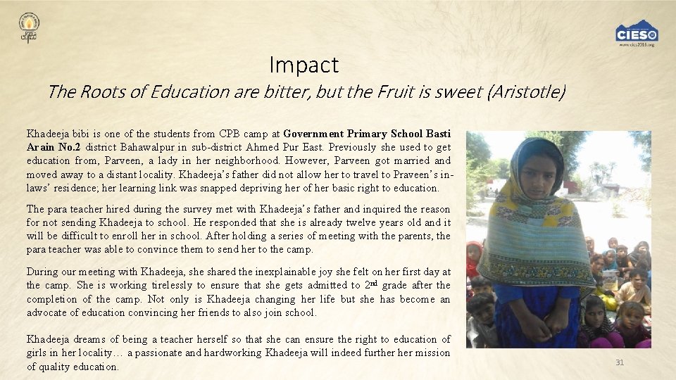 Impact The Roots of Education are bitter, but the Fruit is sweet (Aristotle) Khadeeja
