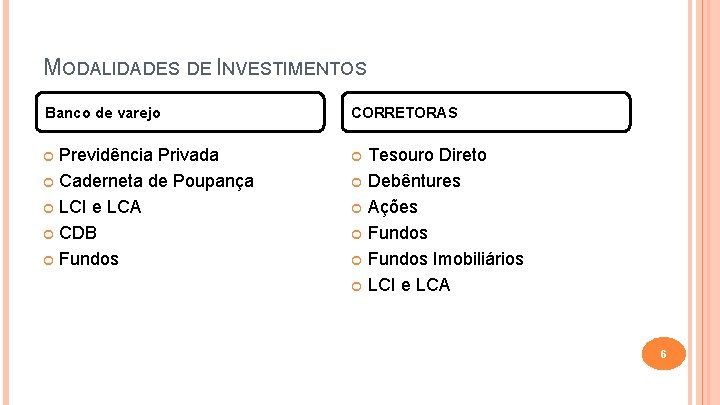 MODALIDADES DE INVESTIMENTOS Banco de varejo CORRETORAS Previdência Privada Caderneta de Poupança LCI e